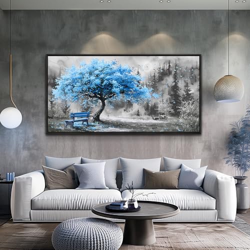 Black Framed Canvas Wall Art For Living Room Large Wall Decor For Office Bedroom Decorations Blue Tree Landscape Pictures Black And White Paintings Artwork Aesthetic Home Decor 30x60 In