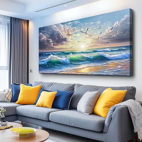 Canvas Wall Art For Living Room Wall Decor For Bedroom Restaurant Modern Office Home Decorations Seaside Landscape Painting Printing Pictures Artworks Poster Mural Ready To Hang 24"X48"