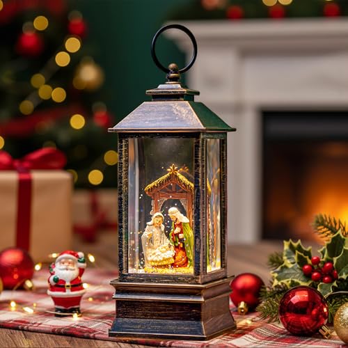 Christmas Snow Globe Water Lantern with Nativity Scene Battery Operated or USB Powered Musical Lighted Holiday Decoration for Tabletop Display for Family and Friends