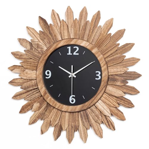 Large Wall Clock Battery Operated 21 in Rustic Wood Boho Sunburst Decorative Wall Clock Silent Non Ticking Farmhouse Wall Clocks for Living Room Bedroom Kitchen Bathroom Decor