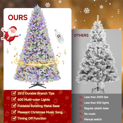 9ft Pre Lit Snow Flocked Rotating Christmas Tree with 600 Multi