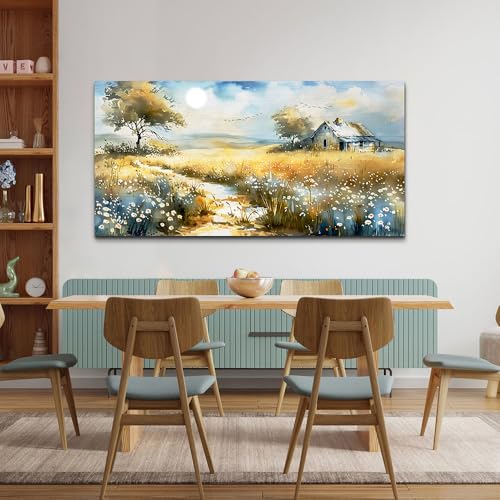 Wildflower Field Landscape Painting Modern Canvas Print Wall Art Rural Field Mural Artwork Living Room Dining Room Wall Decoation For Bedroom Office Farmhouse Home Decoration 24x48 Inches