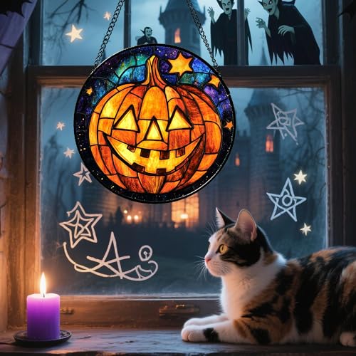 Stained Glass Window Hanging Halloween Horror Golden Pumpkin 11.8"