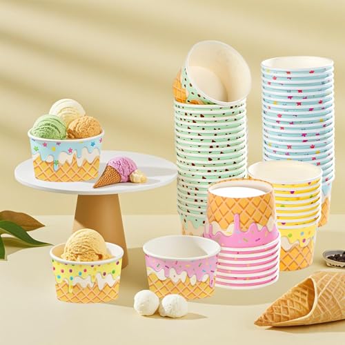 Greencian 120Pcs Summer Ice Cream Cups 12oz 4 Colors for Hot or Cold Food (12 Count)