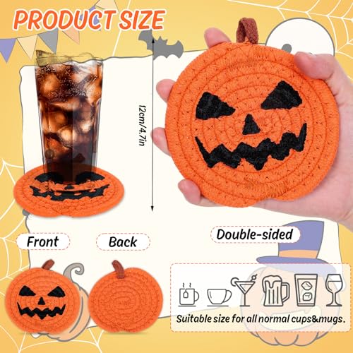 4Pcs Halloween Pumpkin Handmade Braided Cotton Coasters Orange Black Pumpkin Shape Drink Coasters Absorbent Cup Mat for Home Office Party Decor (4 Count)