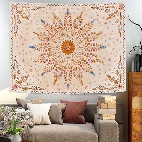 Boho Floral Mandala Tapestry for Bedroom Aesthetic Watercolor Bohemian Flower Wall Tapestry Brown Beige Hippie Indian Tapestries Wall Hanging for Living Room Dorm Decor 60 x 44 Inch