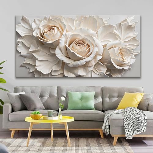 Large Modern White Flower Wall Art For Living Room Prints 29 X 58 In