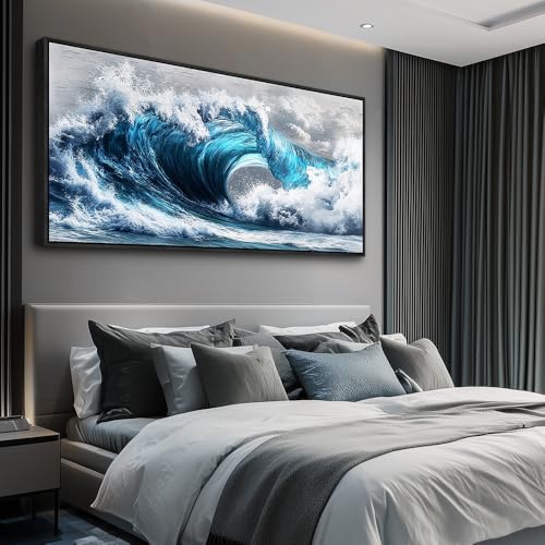 Large Canvas Blue Wave Paintings Wall Art For Living Room Wall Decoration For Bedroom Ocean Wall Pictures Printing Office Decorations Posters Modern Home Decor Black Framed 30x60 In