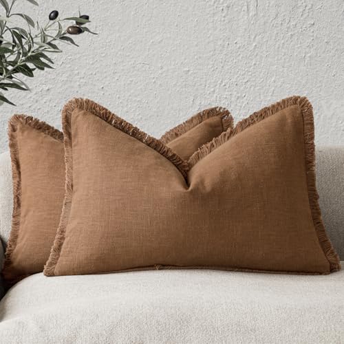 Boho Linen Fringe Lumbar Throw Pillow Covers 12×20 Orange Brown (2 Count)