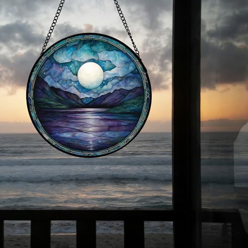 Blue Moon Lake Stained Glass Window Hanging Suncatcher Gift for Women 9.8"