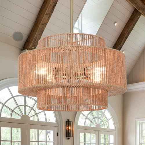 3 Tier Rattan Light Fixture Boho Chandelier for Dining Room
