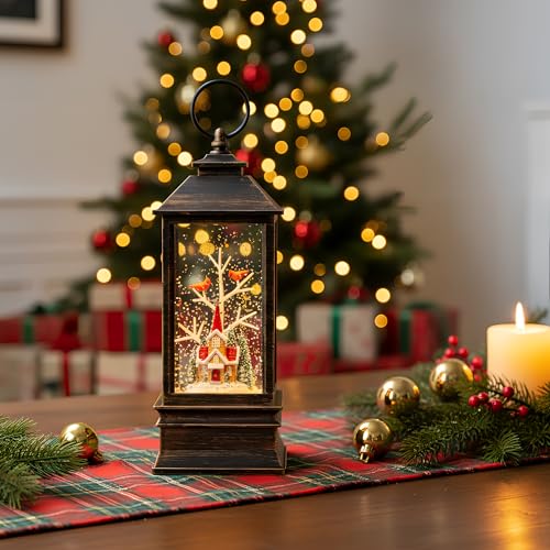 Christmas Snow Globe Lantern Water Glittering Cardinal & Church with Music & Timer