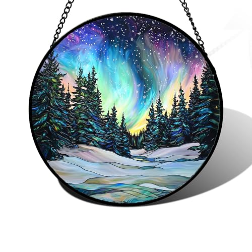 Aurora Landscape Stained Glass Window Hanging Suncatcher Xmas Gifts 12"