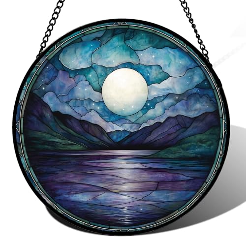 Blue Moon Lake Stained Glass Window Hanging Suncatcher Gift for Women 15"