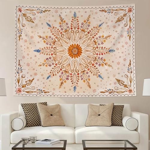 Boho Floral Mandala Tapestry for Bedroom Aesthetic Watercolor Bohemian Flower Wall Tapestry Brown Beige Hippie Indian Tapestries Wall Hanging for Living Room Dorm Decor 60 x 44 Inch