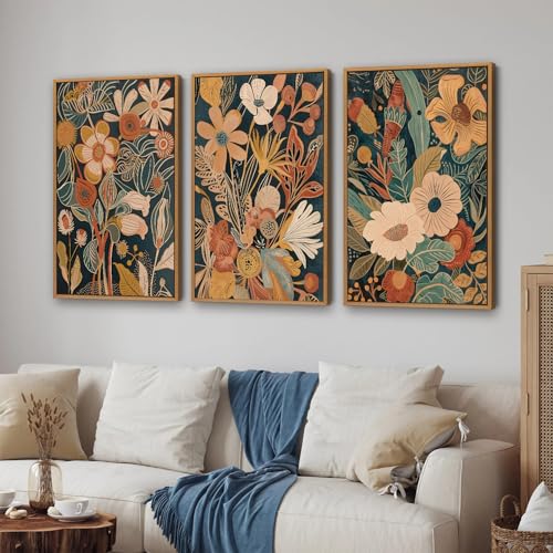 Vintage Burnt Orange Floral Framed Canvas Wall Art Set of 3 (3 Count)