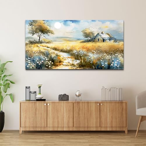Large Country Field Painter House Decorated Wildflower Field Landscape Painting Living Room Decorated Wall Art Modern Print Canvas Farmhouse Office Bedroom Wall Decorated 30 X 60 Inches
