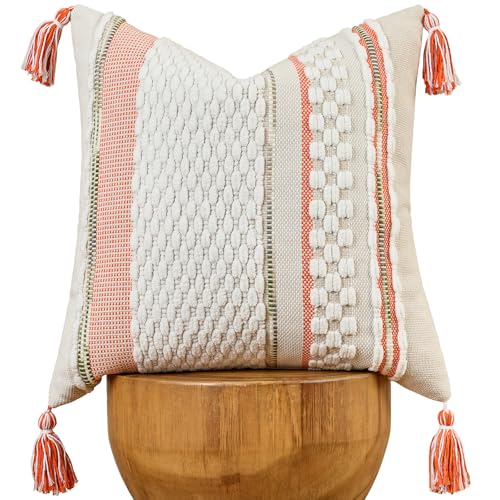Chenille Striped Textured Boho Throw Pillow Covers Aesthetic with Tassels Woven Decorative Pillow Case for Couch Bed Sofa Bedroom Modern Funky 18 x 18