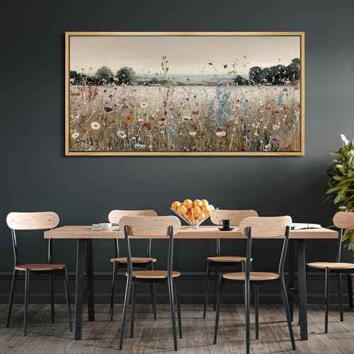 Extra Large Framed Canvas Print Wall Art Wildflower Meadow Landscape Blooming Field Illustrations Fine Art Illustrations Decorative Colorful for Bedroom