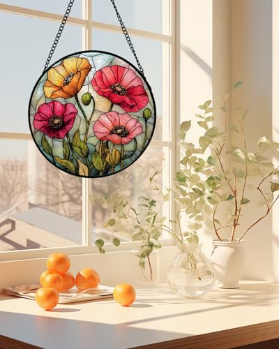 Poppy Flower Stained Glass Window Hanging Suncatcher Gifts for Women 12"