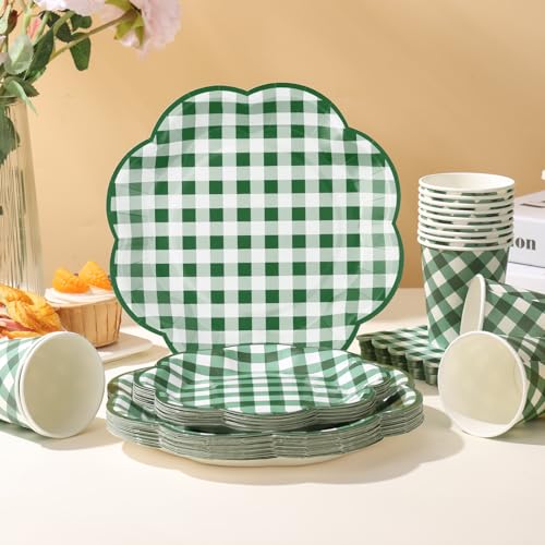 350 Pcs Green Gingham Plates and Napkins Party Supplies