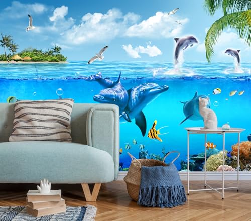 Ocean Wallpaper White Gull Dolphin Wall Mural