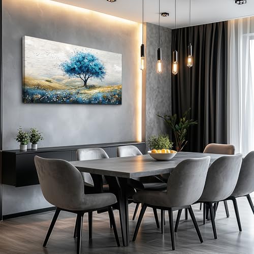 Large Canvas Wall Art For Living Room Wall Decoration For Bedroom Blue Tree Landscape Painting Office Farmhouse Printing Wall Pictures Artwork Restaurant Home Decor Ready To Hang 20x40 In
