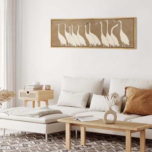 Large Framed Canvas Print Wall Art Minimalist White Cranes on Beige Background Antique Retro Fine Art Illustrations Decorative Colorful for Bedroom