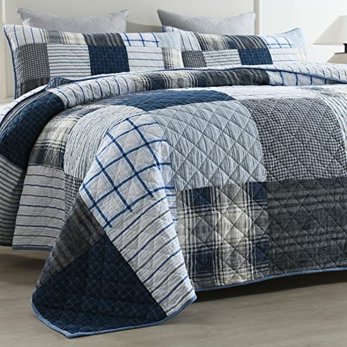 King Quilt Set Bedspread Reversible Plaid Grid Quilted Bedspread 3