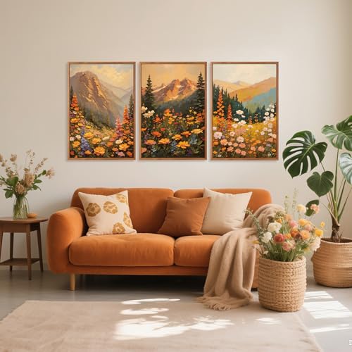 3 Pcs Mountain Wildflowers Framed Canvas Wall Art 16x24 Inch