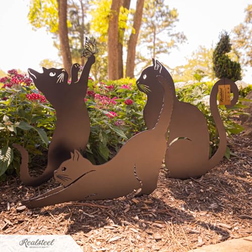 I 3 Pack Steel Cat Garden Decor I Outdoor Yard Decorations I Gift for Cat Lovers I Lawn Ornaments and Statues I Garden Signs Decorative Outdoor
