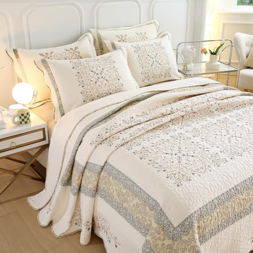 Elegant Embroidered Quilt Set Farmhouse Patchwork Oversized Queen Size Reversible Bedspread Coverlet 3 Piece Cotton Quilted Bedding Set for All Season