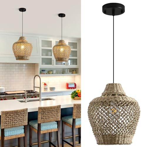 Rattan Pendant Light 11.8" Seagrass Hanging Light 2 (2 Count)