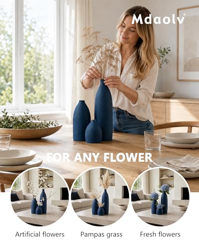 Matte Blue Vase Set Navy Blue Decor Coastal Decor Vases for Kitchen Island Living Room Office Table Fireplace Mantle Decorations & Bathroom Shelf Decor Centerpiece Table Decorations Ceramic (3 Count)