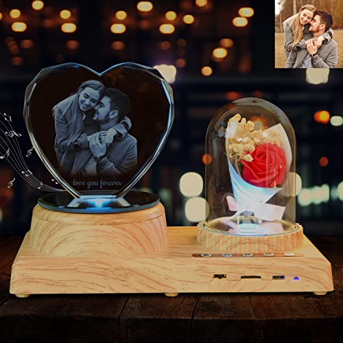 Heart Shaped Photo Customization Night Light Personalized 3D Crystal Lamp 7 Color Light Rose Bluetooth Rotation Crystal Photo Frame Best Gift for Couple Love Women Men Wedding Christmas