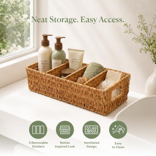 2PCS Rattan Pantry Organizer Baskets with Removable Dividers (2 Count)