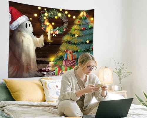 Christmas Tapestry Wall Hanging Christmas Tree Backdrop Cute Ghost Wall Decor Xmas Holiday Tapestries for Kids Bedroom Living Room Dorm Party Decoration