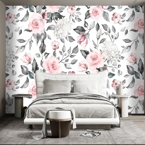 Grey Leaf Pink Flowers Mural Bedroom Floral Wallpaper Room Decor Living Room tv Background Large wall Mural