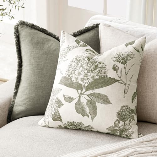 Set of 2 Linen Floral Throw Pillow Covers Neutral Vintage Print Decorative Cushion Covers Farmhouse Boho Home Decor for Sofa Chair Couch Bedroom Living Room (2 Count)