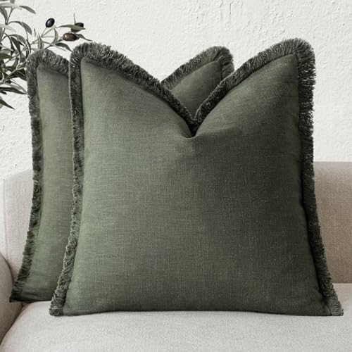 Decorative Linen Fringe Throw Pillow Covers 18×18 Dark Green (2 Count)