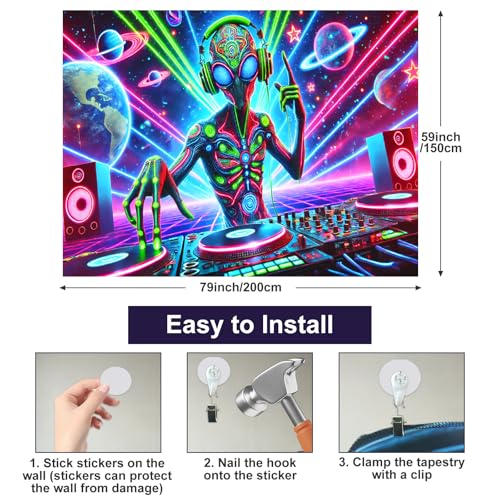 Blacklight Tapestry Alien DJ Party Backdrop 78 x 59 Inch