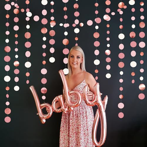 Rose Gold Party Decorations Dusty Pink Circle Dots Garland Blush Pink Hanging Paper Polka Dot Streamer for Birthday Wedding Bridal Shower Bachelorette Engagement Anniversary Party Supplies