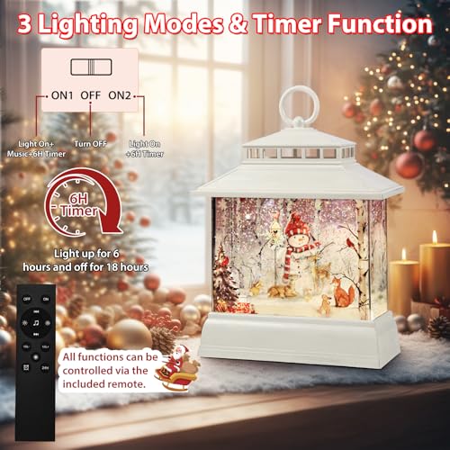 Christmas Snow Globe Lantern Water Glittering Lantern with 8 Songs & 6H Timer Romote Control Christmas Snow Globes USB & Battery Operated for Christmas Festival Decorations Gifts