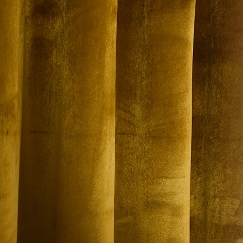 Super Soft Luxury Heavy Velvet Set of 2 Warm Yellow Blackout Energy Efficient Grommet Curtain Panel Drapes Ginger Mustard Curtain Panels