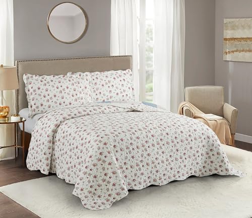 Pink Roses & Blue Checks Patchwork Quilt Set