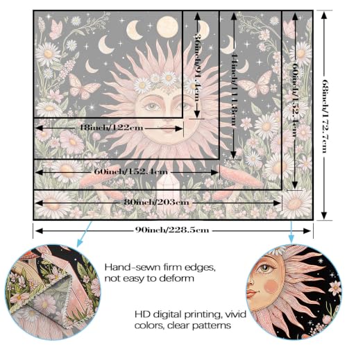 Boho Pink Sun Moon Phase Daisy Flower Floral Tapestry 60 x 44 Inch