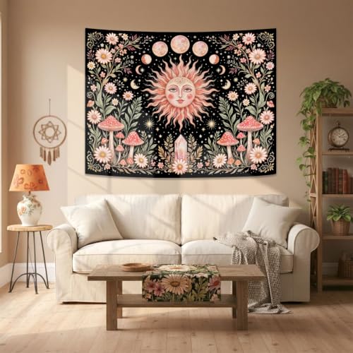 Boho Pink Sun Moon Phase Daisy Flower Mushroom Tapestry 48 x 36 Inch