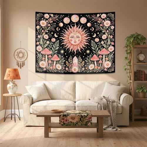 Boho Pink Sun Moon Phase Daisy Flower Mushroom Tapestry 80 x 60 Inch