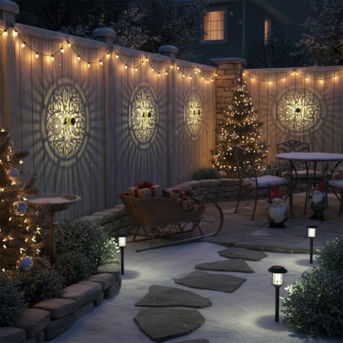 4 Pack Solar Fence Lights Metal Solar Powered Outdoor Wall Deck Step Lights Tree Theme Waterproof Fence Light for Garden Post Patio Backyard Yard Decor (4 Count)
