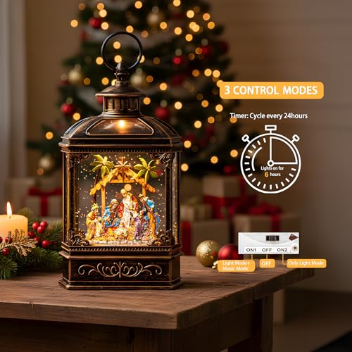 Christmas Snow Globe Lantern Lighted Adoration of The Magi Nativity Manger Scene